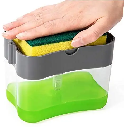 A2995 Cocina 2 en 1 Caja dispensadora de jabón con estropajo Esponja de lavado Soporte Bomba Esponja Prensa manual Dispensador de jabón líquido