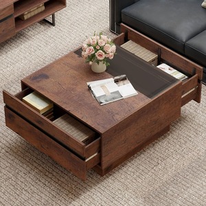 Modern Durable Wooden Coffee Table Square <strong>Center</strong> Table Entertainment <strong>Center</strong> with 4 Storage Drawers for Living Room - Product Image 3
