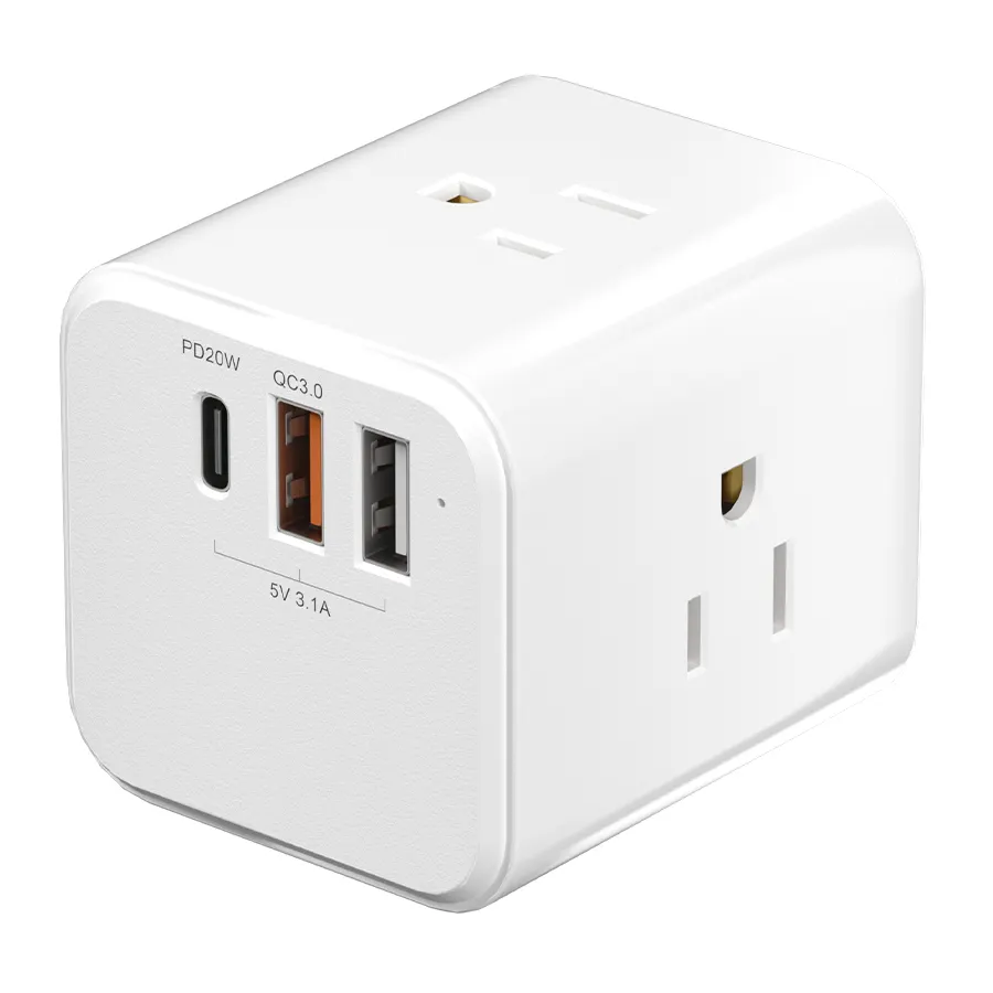 PD-Buchse Power Cube Erweiterte USB-Steckdose USA-Stecker 3-Wege-Buchsen mit 3 eingebauten USB-Ladegeräten