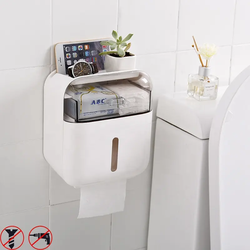 Suporte de papel de banheiro fixo na parede, suporte de papel do banheiro com prateleira de telefone, caixa multifuncional do tecido