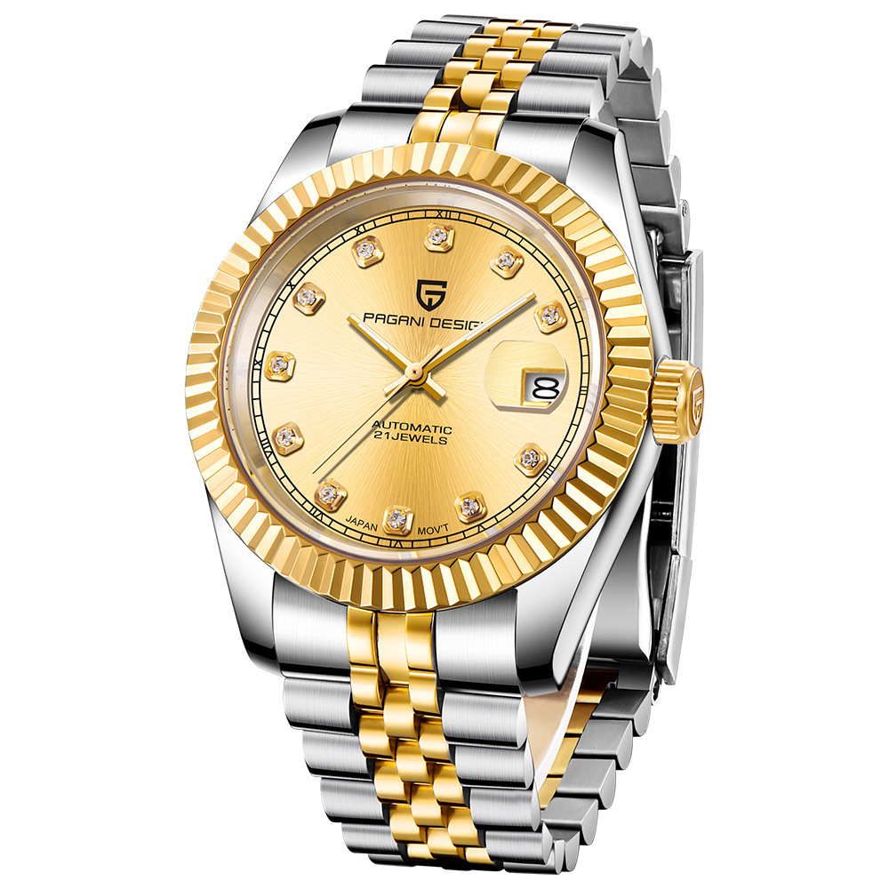 Two-tone case, gold dial, steel band (with diamonds)