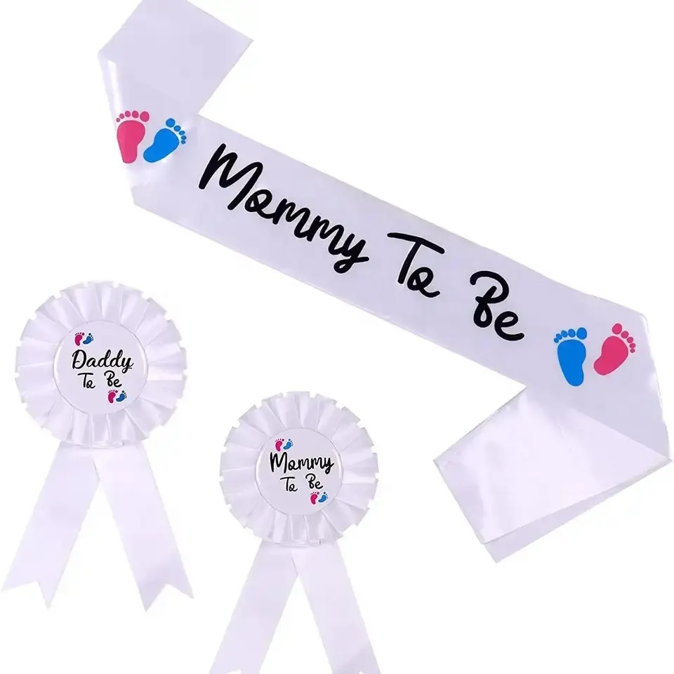Gender Reveal Party Supplies Mummy Daddy To Be Sash Boy Or Girl Sash Pink Blue Footprint Baby Shower Decor Ribbon Badge