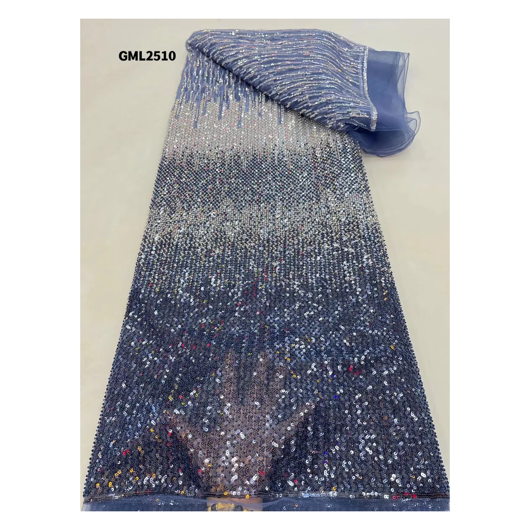 Kain renda manik-manik biru Nigeria 2023, kain gradien pengantin payet berkilau mewah Tulle renda untuk pesta malam gaun pernikahan