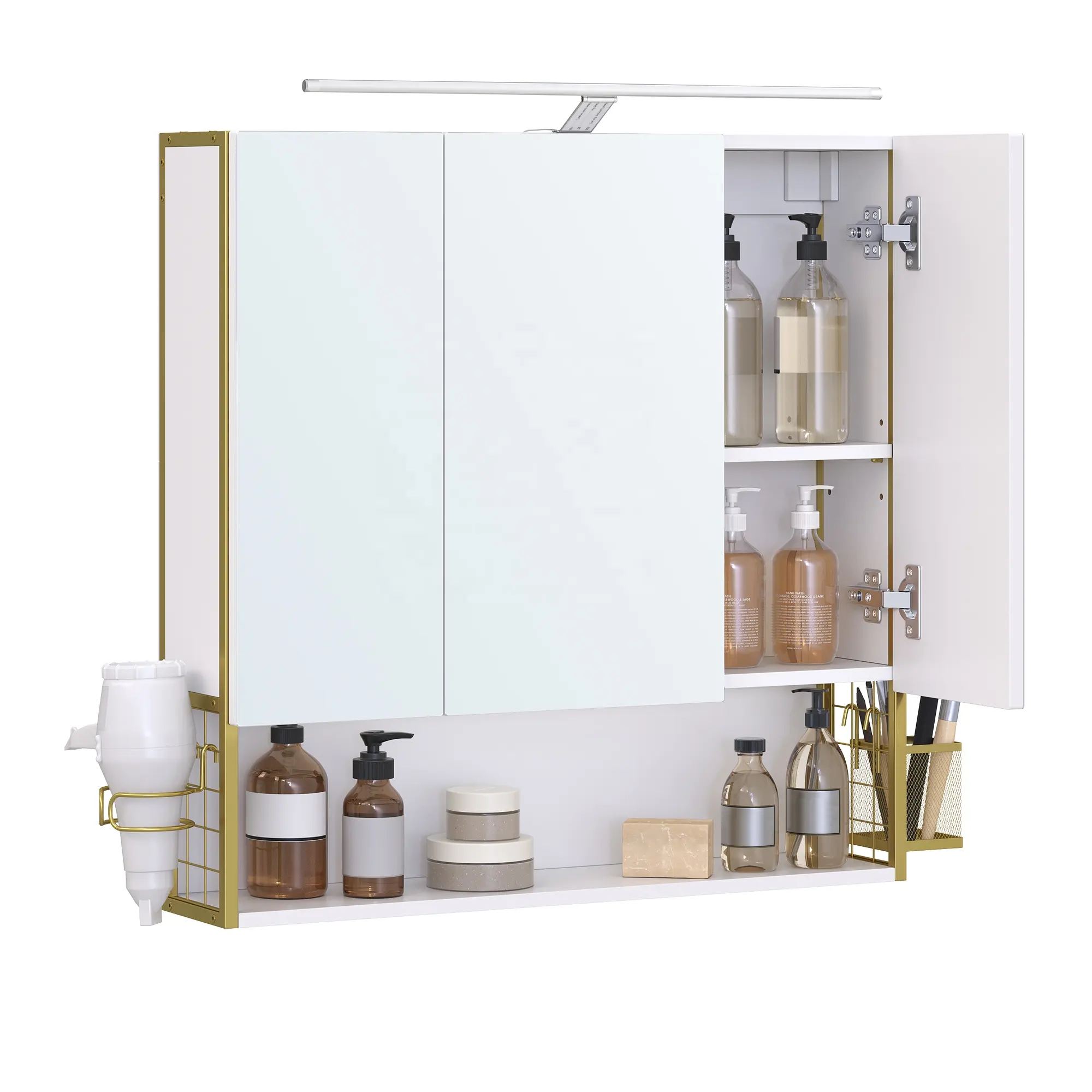 VASAGLE Armoire murale avec étagère à hauteur réglable Armoire à miroir de salle de bain 3 portes avec éclairage Câble intégré