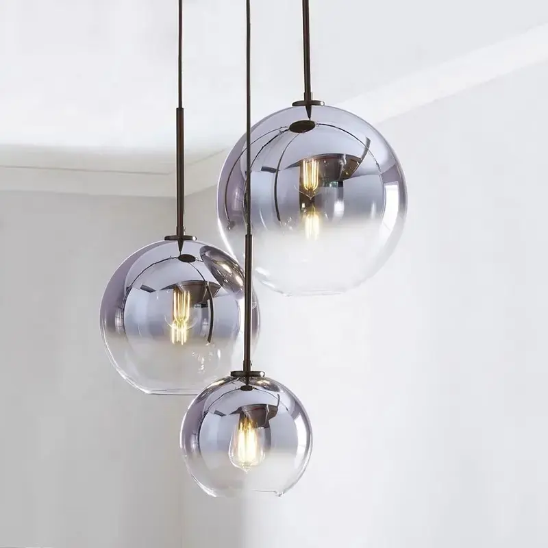 Lustre moderno de bola de vidro cromado, luminária redonda E27, mini barra artística para decoração de interiores, luminária pendente para casa