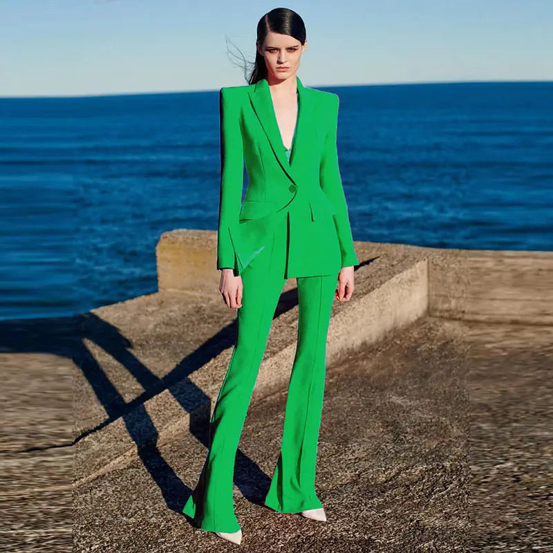 Conjunto de 2 piezas formado por Blazer y pantalón acampanado para mujer, traje de oficina a la moda, con un botón, ajustado, Color liso, 2022