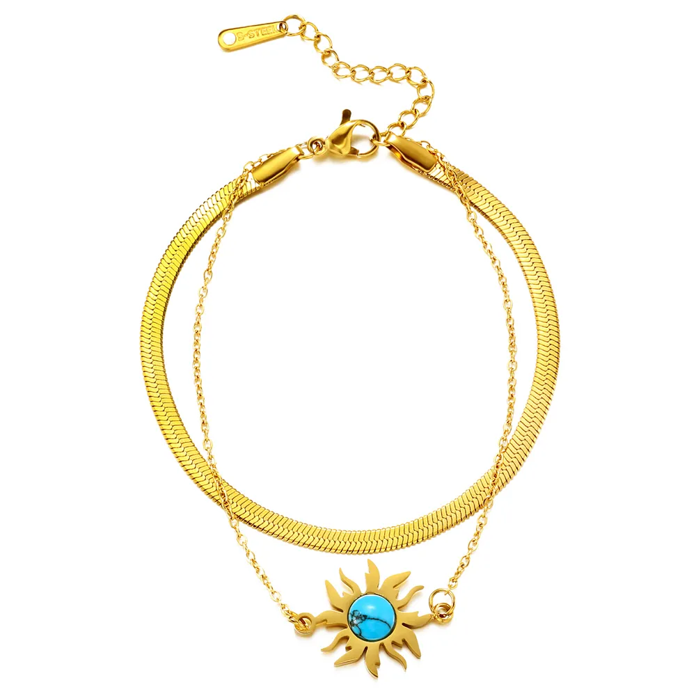 Pulsera de acero inoxidable chapada en oro sol turquesa personalizada, pulsera de joyería de moda de doble capa para mujer