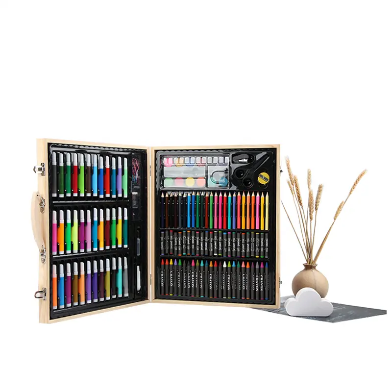 القرطاسية المدرسية الرسم اللوازم صندوق خشبي الفن مجموعة أدوات رسم للأطفال كامل اللون 150 قطع