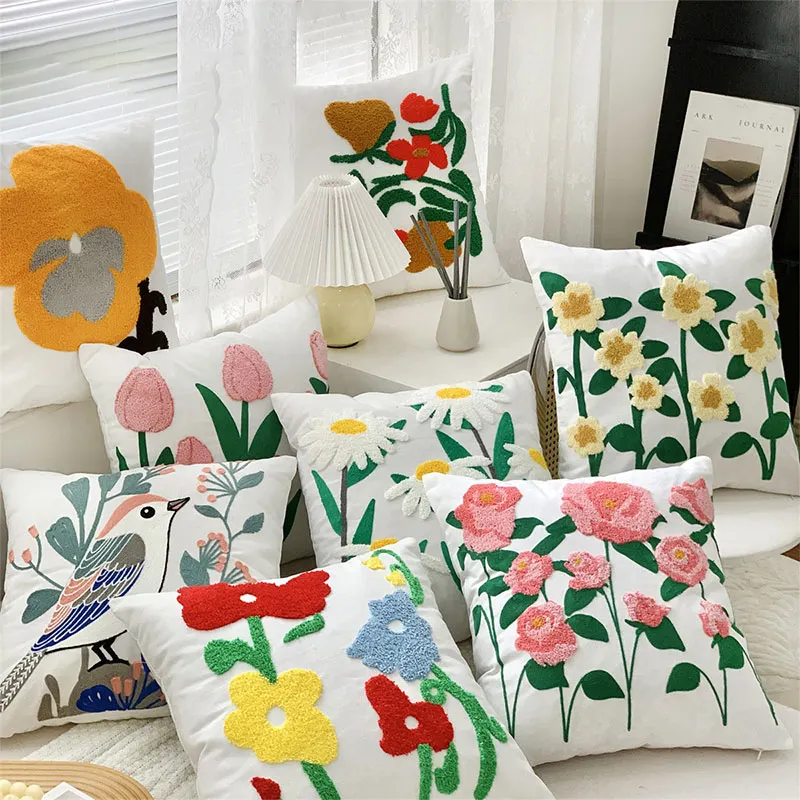 Funda de almohada de algodón y poliéster de estilo francés Amity, funda de cojines de sofá bordados con patrón de flores florales rústicas, 45x45