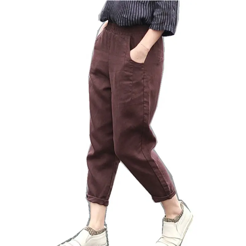 Pantalones bombachos de lino para mujer, pantalón informal holgado de nueve puntos con apertura de pierna pequeña