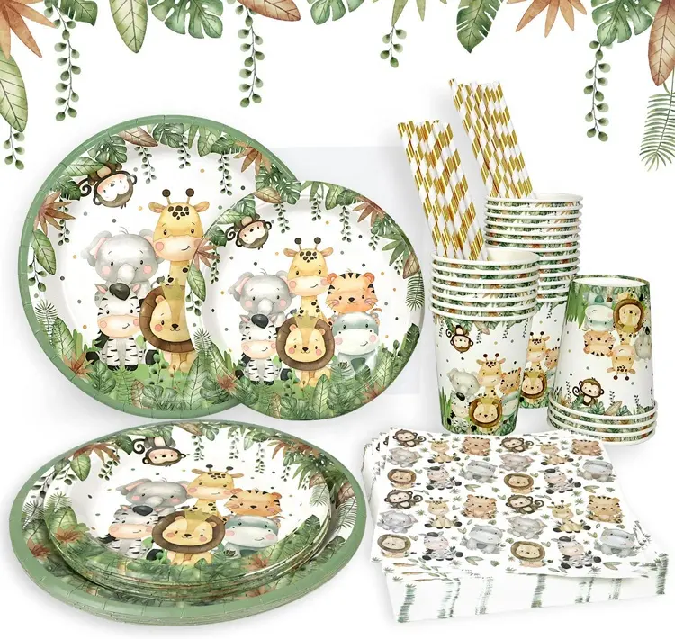 Accessoires de fête sur le thème Animal Jungle Safari Décorations d'anniversaire Set de vaisselle jetable pour enfants Service 25