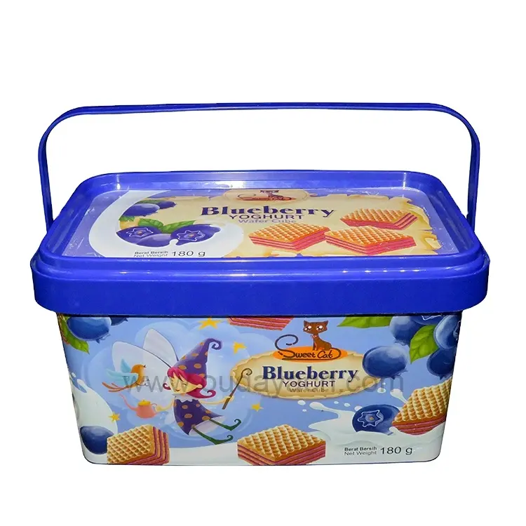 Caja de plástico IML para embalaje de alimentos, cubeta de palomitas de maíz, galletas, con asa de tapa, logotipo personalizado