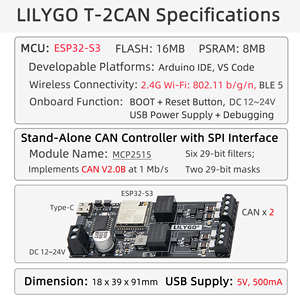LILYGO T-2CAN ESP32-S3 <span class=keywords><strong>2</strong></span>チャンネルリレーモジュールスタンドアローンDC MCP2515 CANコントローラSPIインターフェースEsp32リレーボード付き - Product Image 6