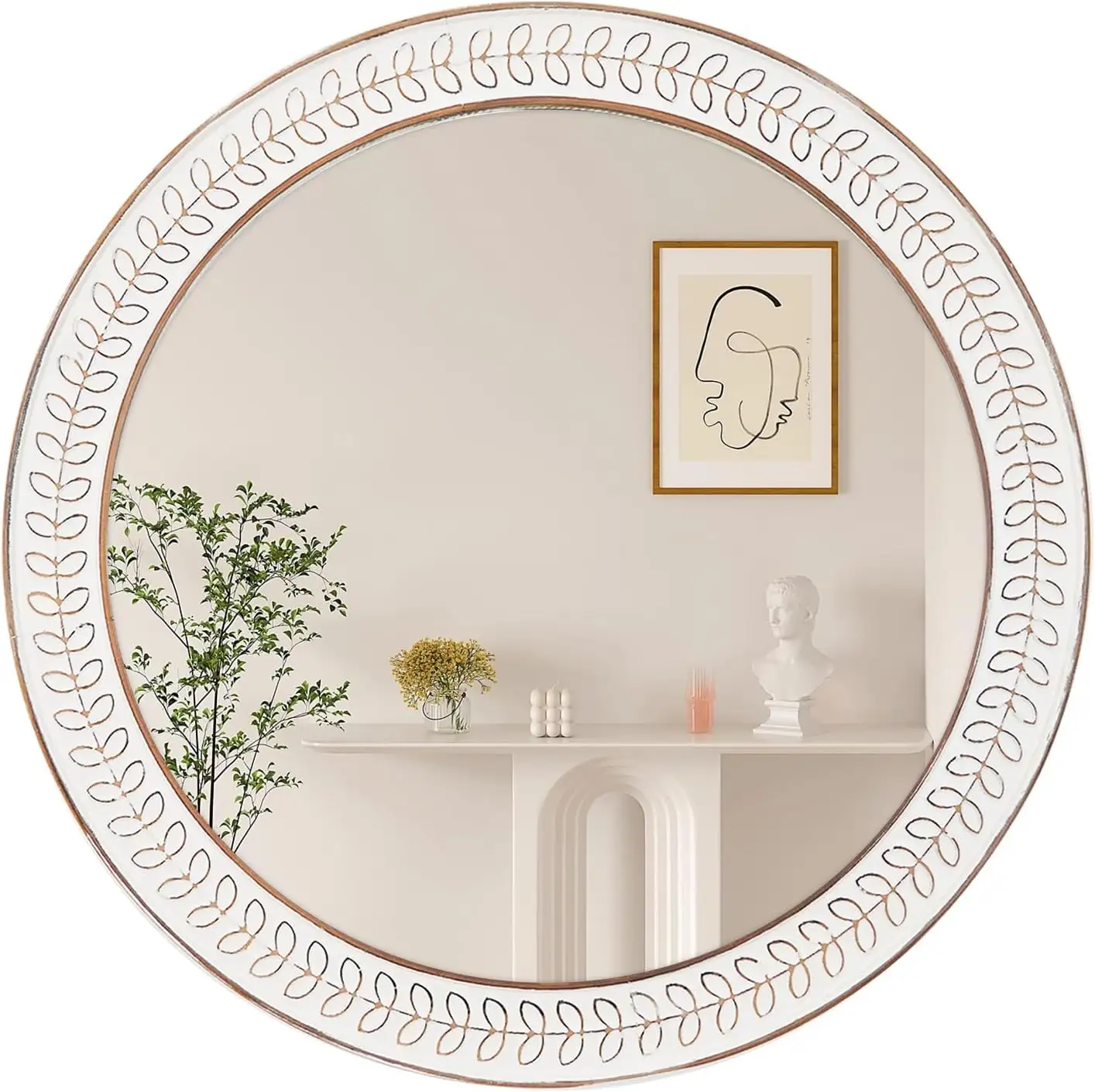 Mộc Mạc đau khổ giọng gương 26 inch vòng gương cho tường lớn Vòng tròn gỗ gương với khung chạm khắc