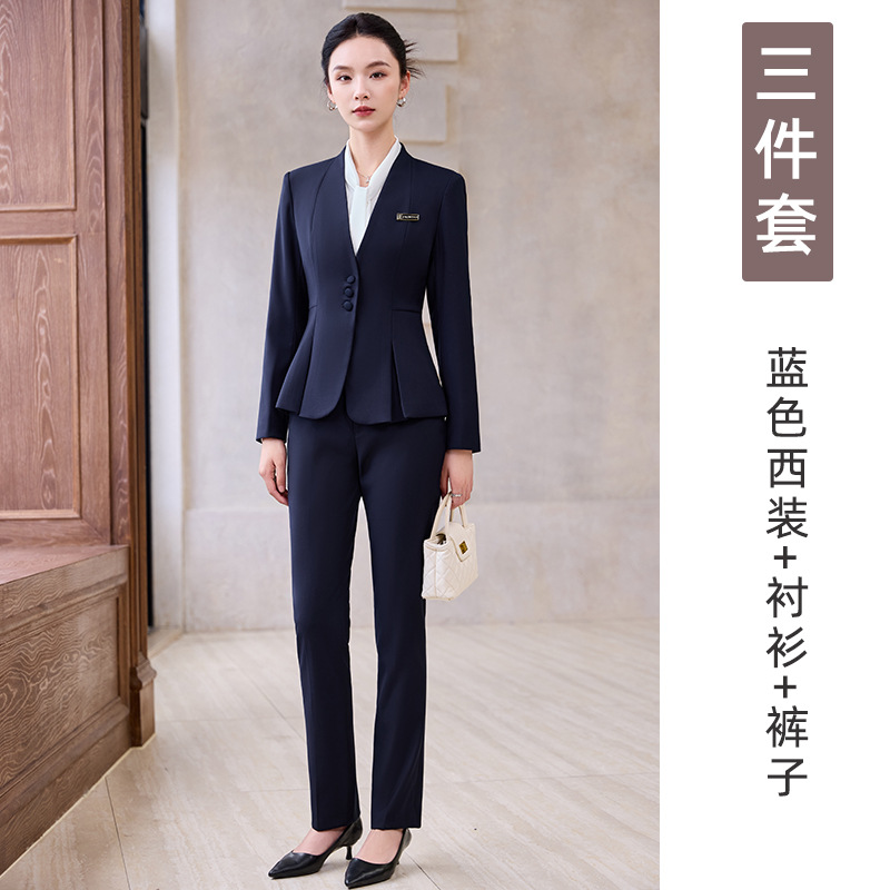 Blue suit with white shirt and trousers