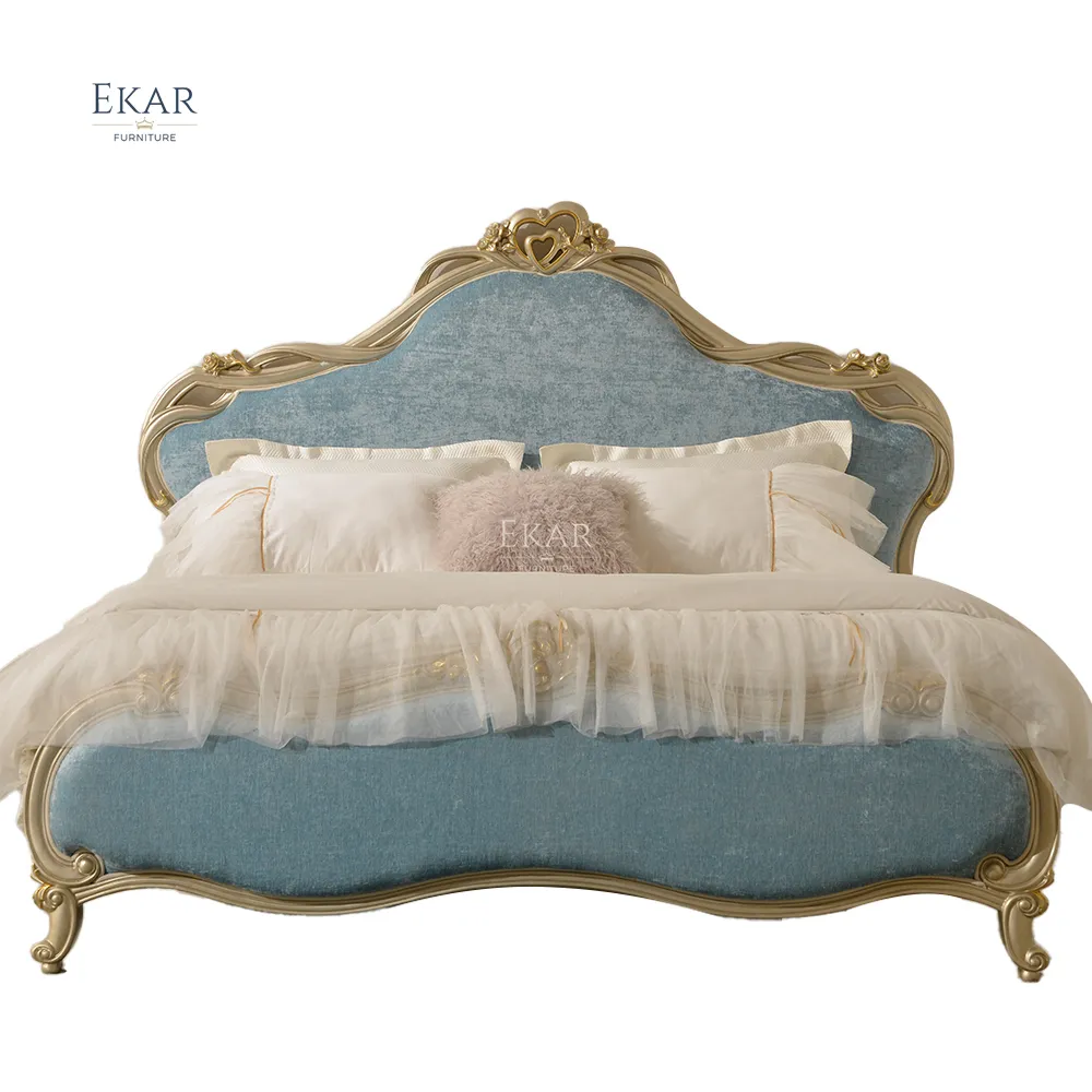 Ekar家具スカイブルーソフトベッドキングサイズ高級木製キングサイズ木製ベッド