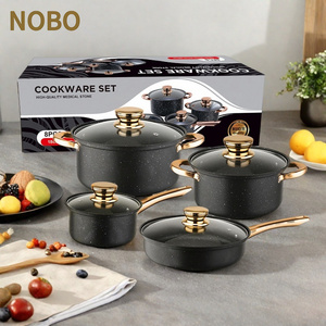 調理器具セットポットとパンセットノンスティッククッキングポットセット鋳鉄製医療石ガラス蓋付き8ピースブラックメタル - Product Image 1