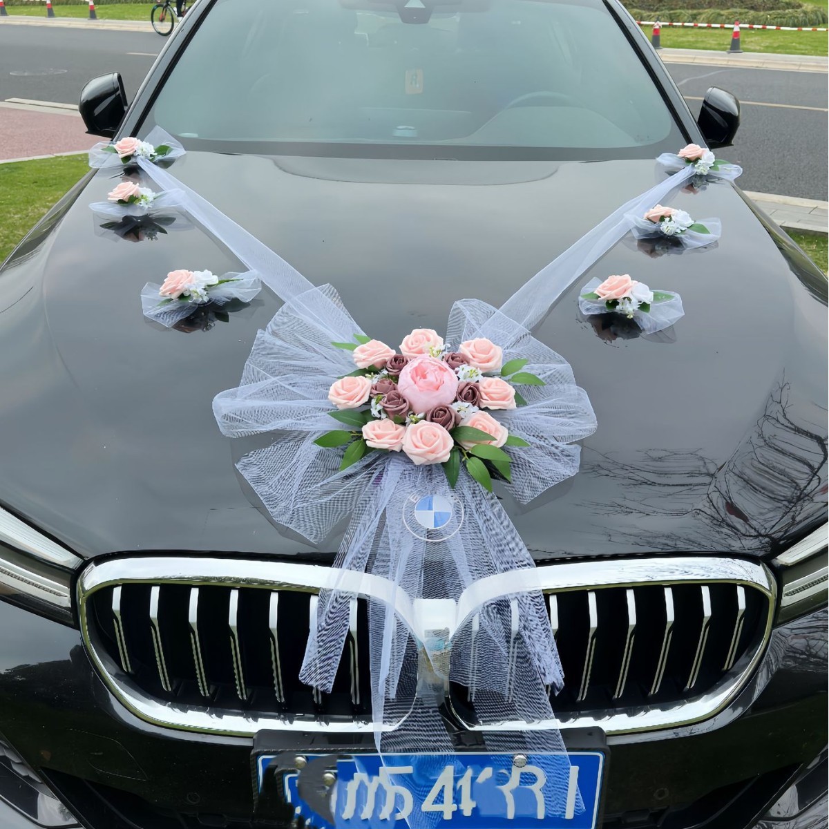 5# Fleur de tête de voiture rose 1 grande 6 petites