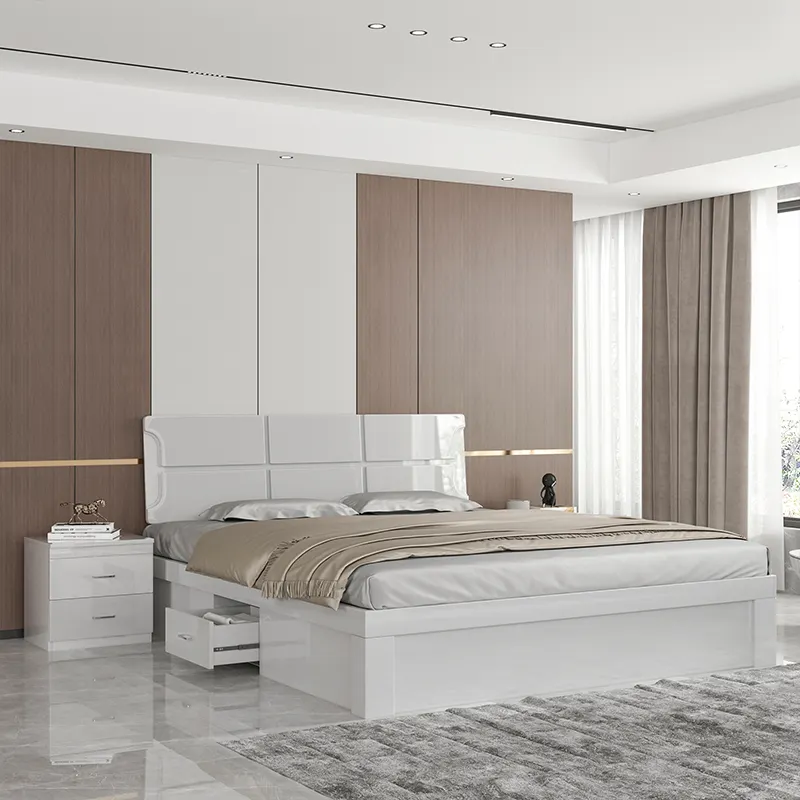 Conjunto de dormitorio blanco y queen, conjunto de dormitorio moderno italiano, almacenamiento de madera de alto brillo, 1,5 m, venta al por mayor