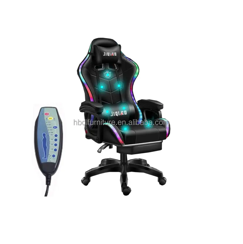 Chaise de joueur multifonctionnelle en cuir PU mécanique humaine avec repose-pieds LED lumière ambiante 7 position fonction de massage