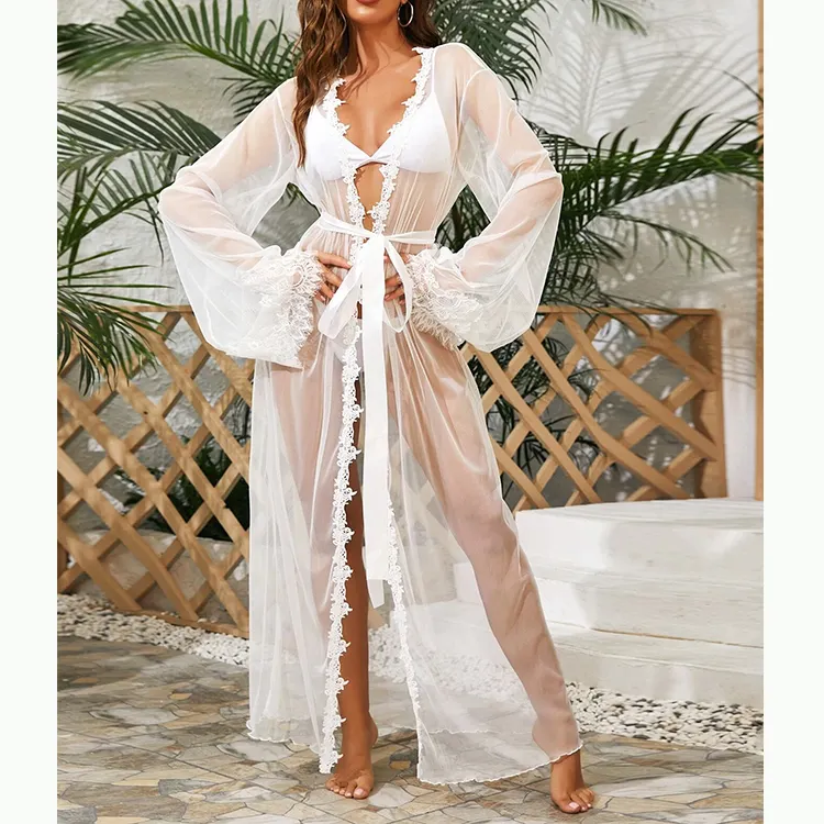 New Arrivals Nude Babydoll Mesh Bride Solid OEM Nightgown Robe lingerie Long Sleeves Decorate Lace Robe Lingerie