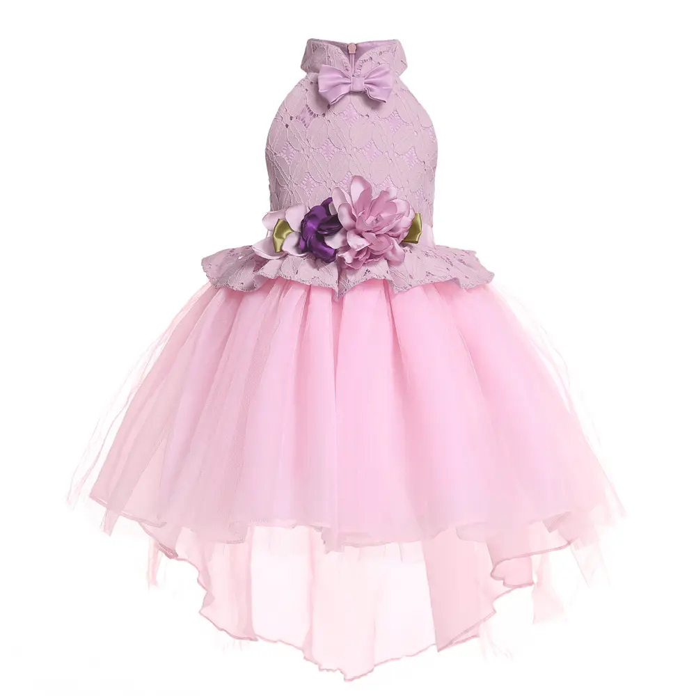 Vestido de noite infantil, vestido suspenso de pescoço com laço bordado de princesa rosa com pétalas de flores modelo de 2019