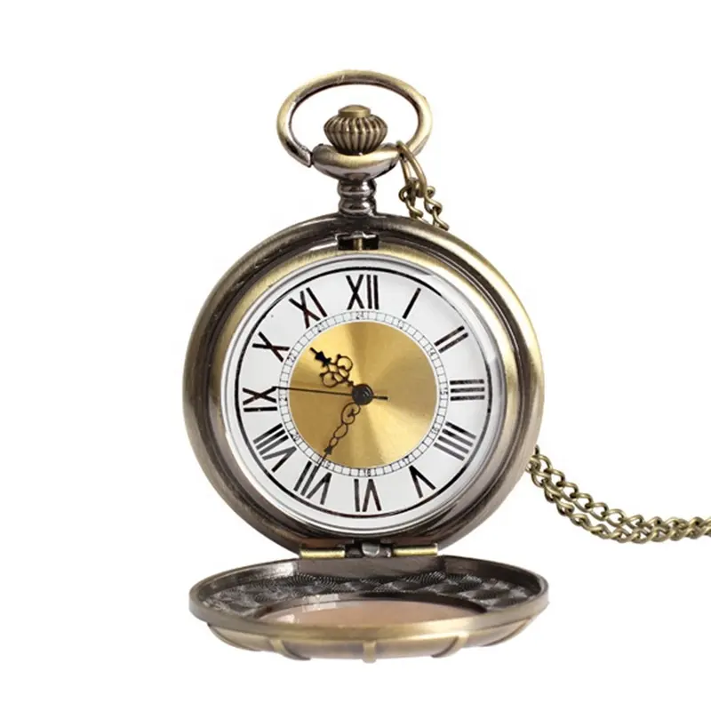 Relógio de bolso quartz vintage grande com corrente, numeral romano, estilo gravado com rosto dourado, movimento japonês