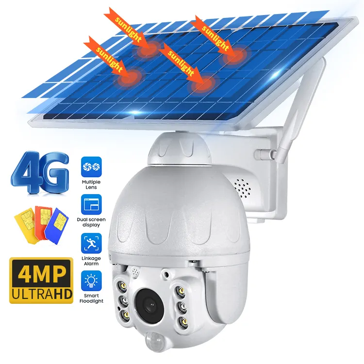 4MP 저전력 Ubox PIR 무선 360 웹 Ptz 홈 GSM Sim 카드 태양 와이파이 보안 카메라 야외 배터리 태양 전원 4G 카메라