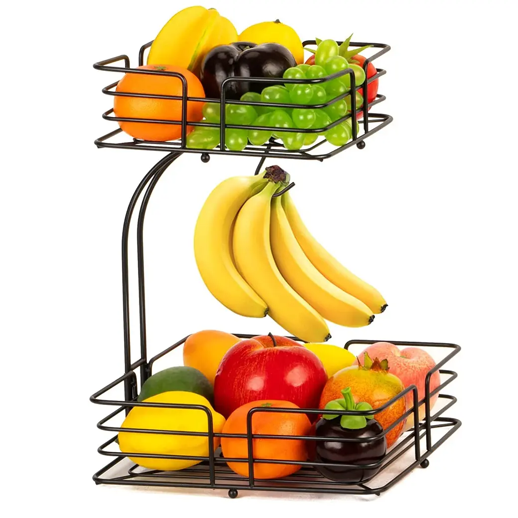 Cesta de Metal de 2 niveles para fruta, cesta de pan, para aperitivos, con colgador de plátano