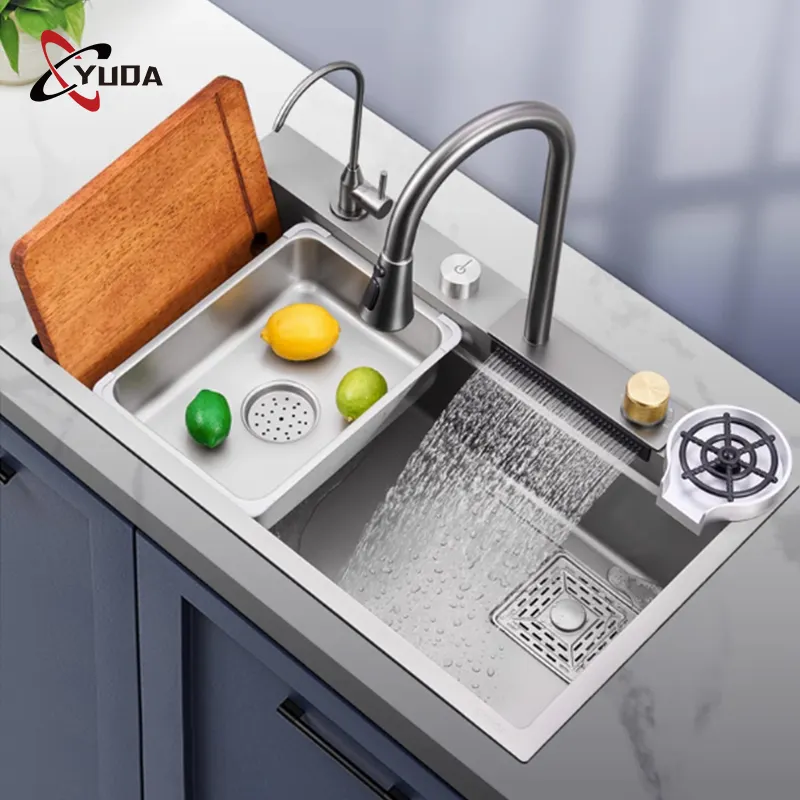 Led Digital anzeige Wasserfall Küchen spüle Handgemachte Smart Multifunktions-Küchen spüle mit Niederschlag Wasserhahn