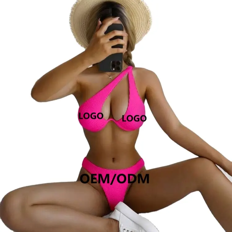 Nuevo estilo sólido un hombro bikini venta al por mayor ahueca hacia fuera el patrón de onda traje de baño logotipo personalizado negro blanco traje de baño de lujo para las mujeres