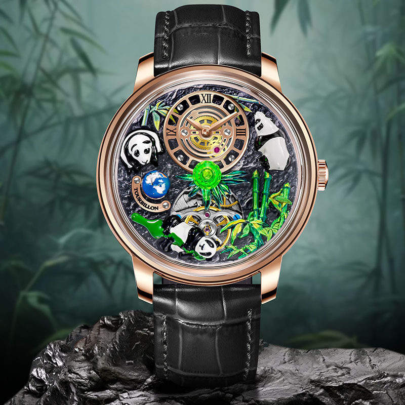 Série Panda-boîtier en or rose-bracelet noir-perle centrale non rotative