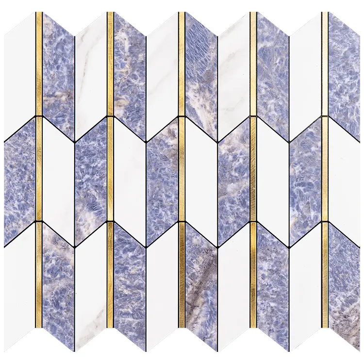 Mosaico autoadesivo azul branco incrustado em ouro resistente à água, azulejos para paredes interiores, apartamentos, mosaico romboide