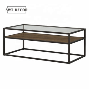 SWT 打开框玻璃金属价格中心表现代木制咖啡桌两层 - Product Image 1