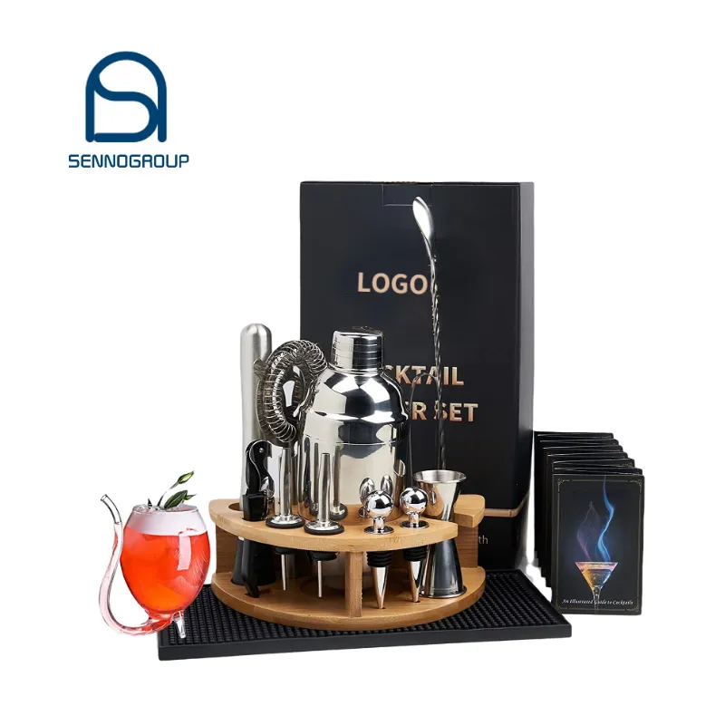 Kit Bartender Logo Kustom 14 Buah Set Pengocok Koktail Baja Tahan Karat dengan Dudukan Bambu Set Alat Bar Martini