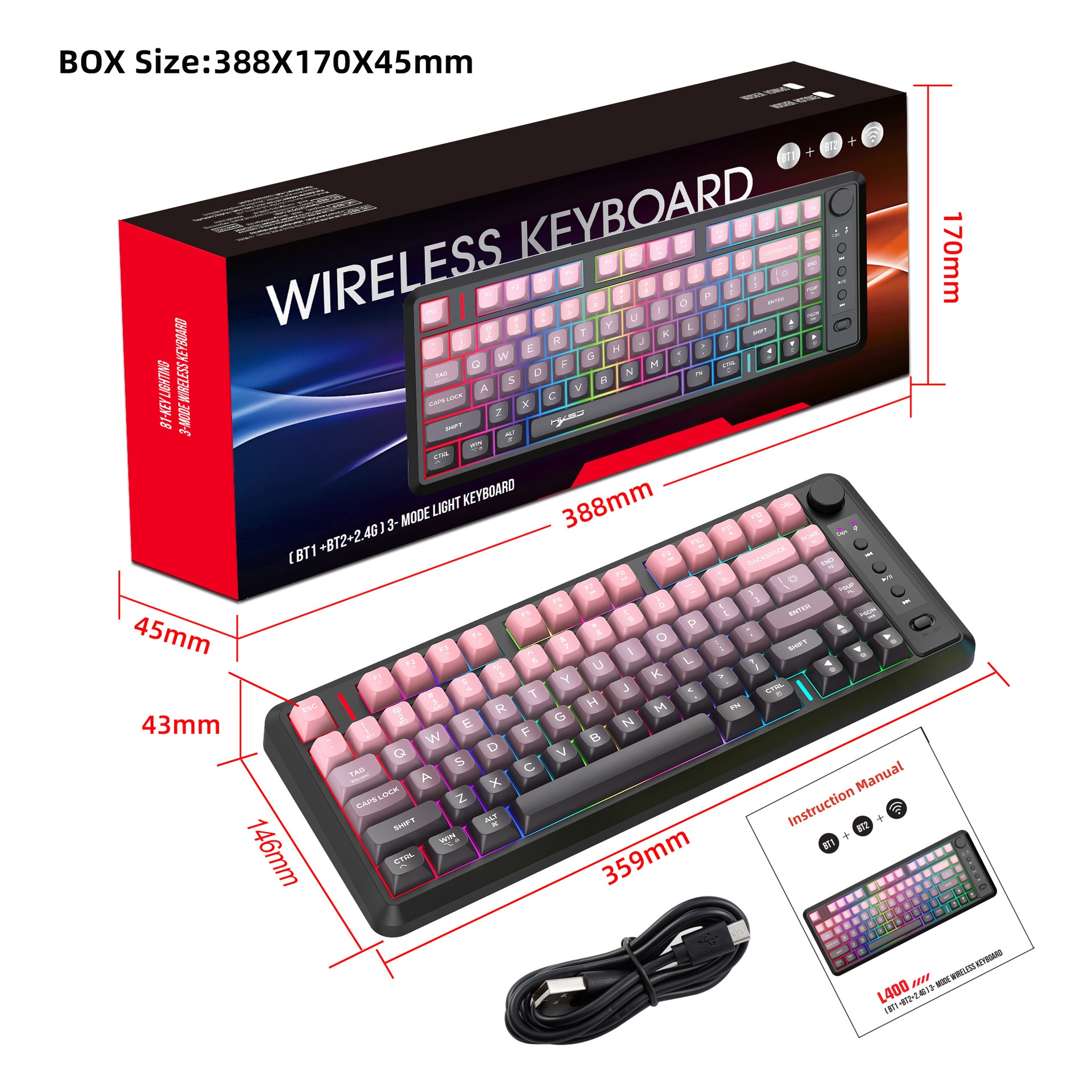 L400 Tri-Mode Keyboard - Pink Gradient