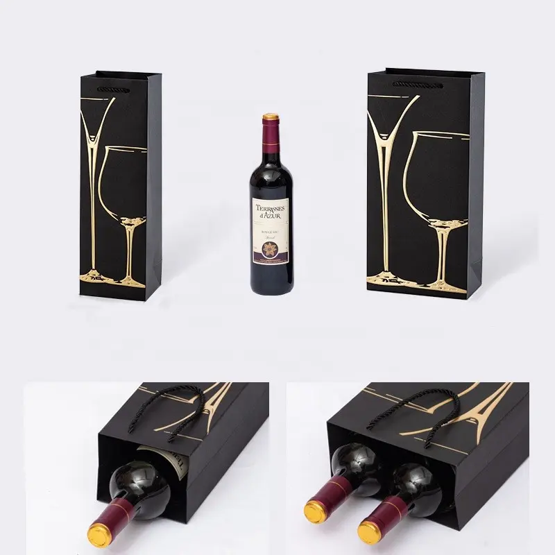 Sacchetto di vino in carta nera Kraft di alta qualità personalizzato in lamina d'oro di alta qualità forte spessore 250g con Logo stampato