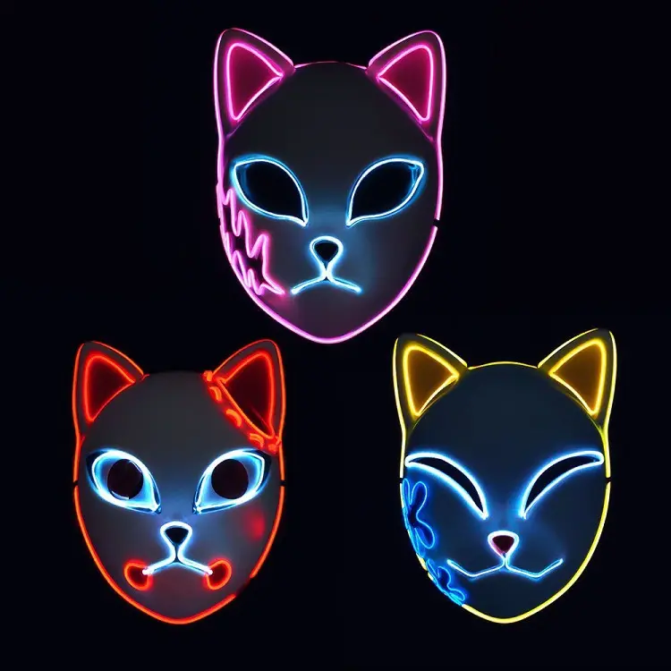 Masker Wajah Kucing Halloween untuk Wanita Topeng LED Bercahaya Halloween Cosplay Anime Pesta Natal Topeng Kucing Pencahayaan