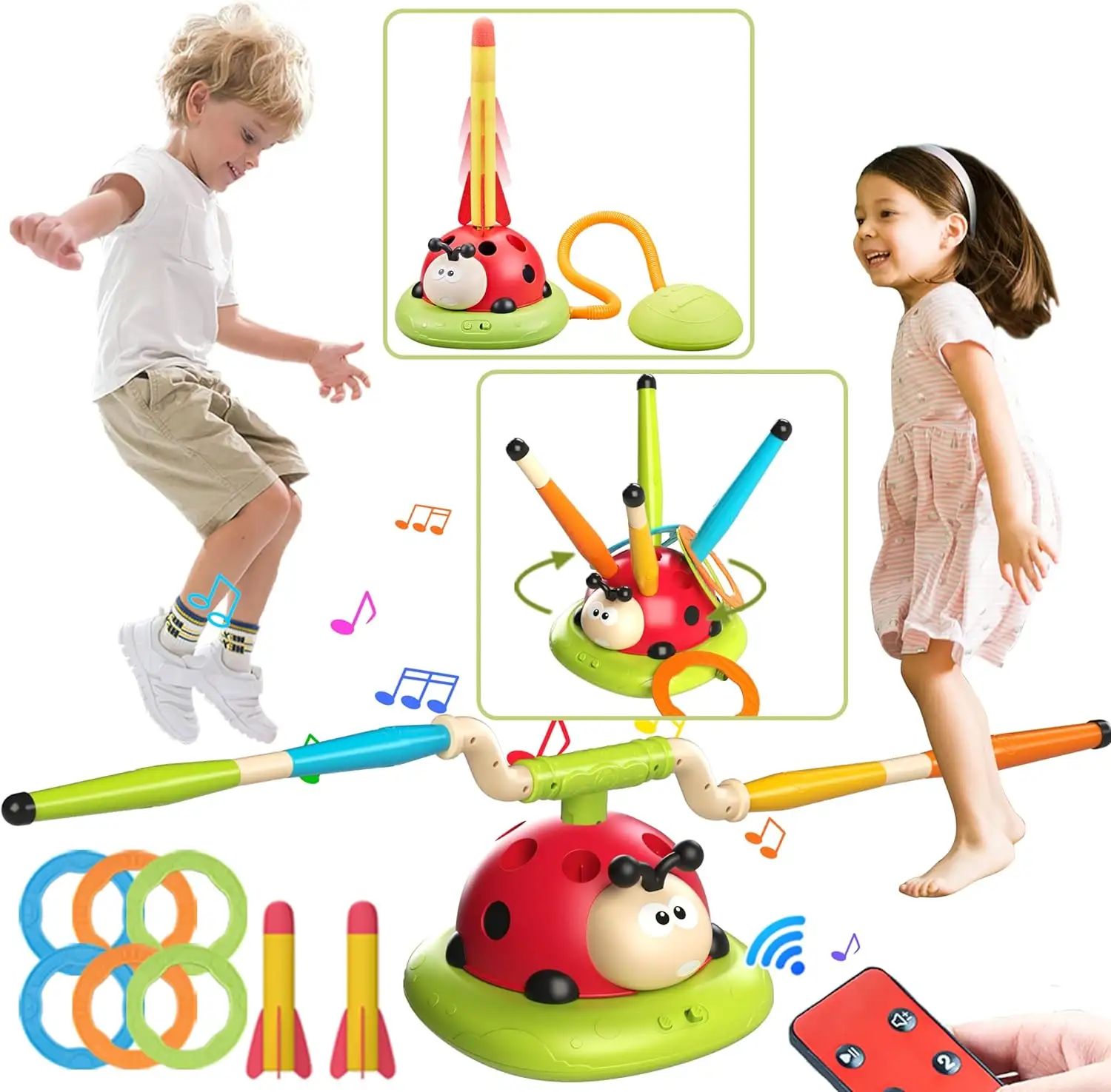 3 en 1 Musical Jump Ring Toss Game Stomp & Launch Rocket Launcher para niños