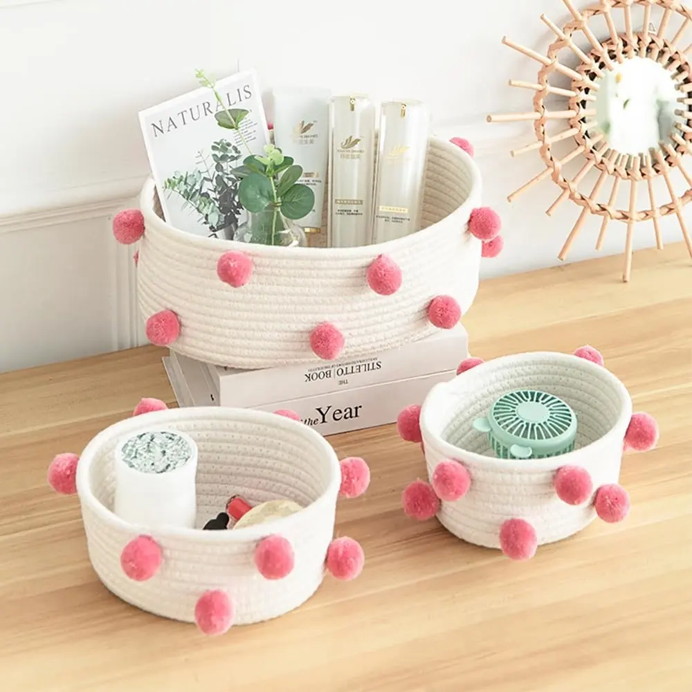 Wholesale 3-Piece Oval Cute Pretty Pompomed Small Dog Cat Toy Gift Natural Cotton Rope Woven Basket