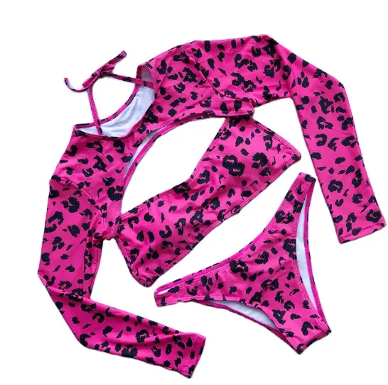 YWLG76174-bikini de leopardo rosa para chica, traje de baño sexy de tres piezas con espalda abierta, de manga larga, ropa de playa Sexy