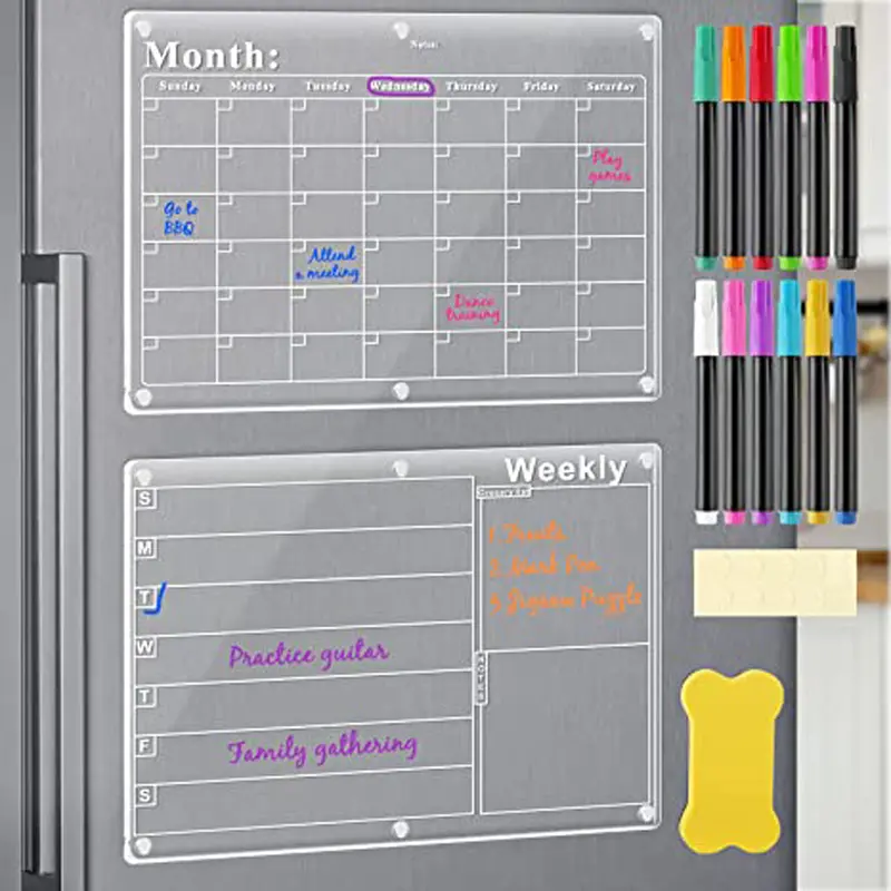 Pizarra magnética de borrado en seco para nevera, planificador diario, mensual, semanal, calendario acrílico transparente personalizado