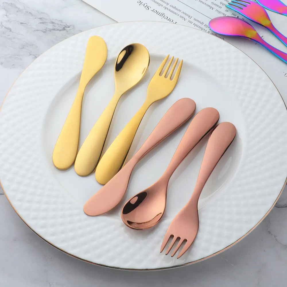 Wholesale Reusable Food Grade Stainless Steel Flatware Set Gold Children Kids Cutlery Set