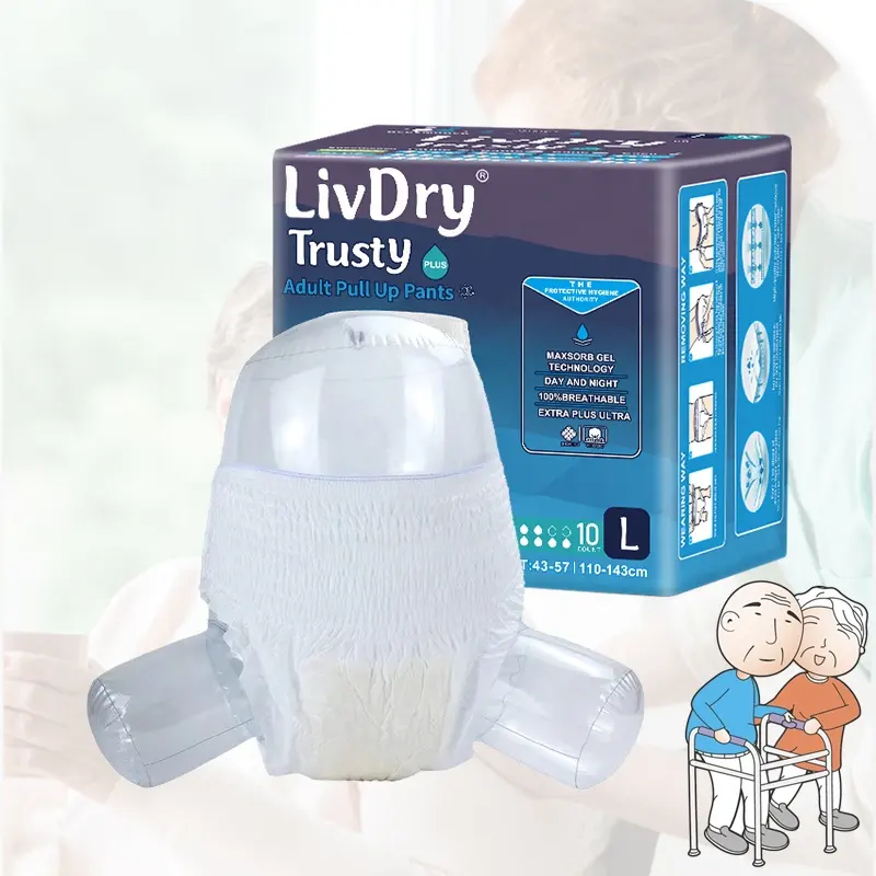 Pañales LivDry Trusty para adultos, producto de higiene al por mayor, pañales desechables con cinta para ancianos de grado A para adultos