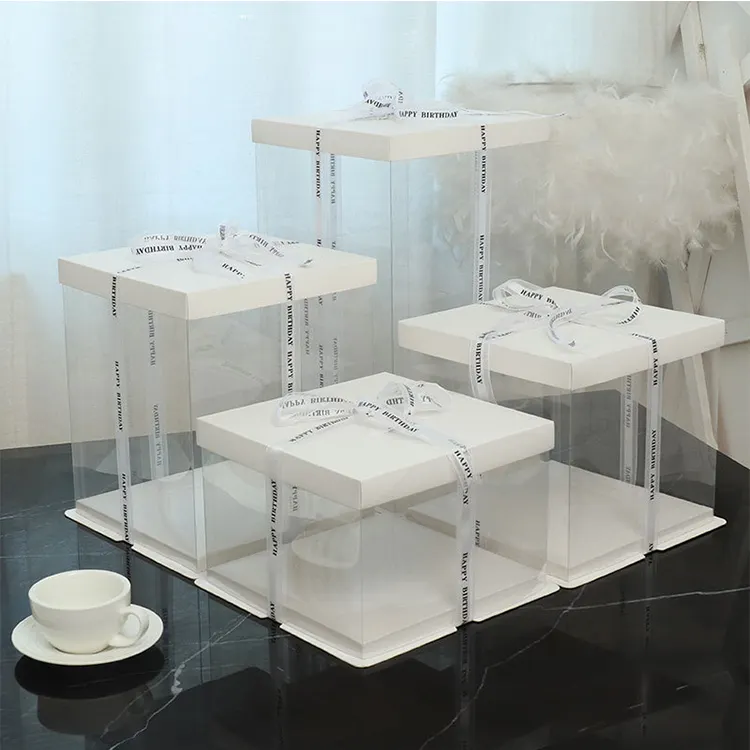 Caixa de bolo de plástico transparente, caixa quadrada transparente para embalagem de bolo, de plástico transparente com fita, para festa de aniversário