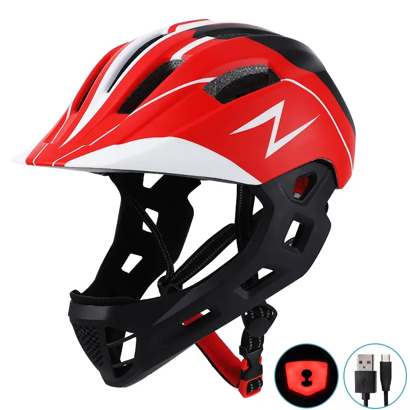 カスタム高品質キッドヘルメットフルフェイスサイクリングヘルメット、充電式LEDライトバイクレーシングハーフフェイスキッドヘルメット
