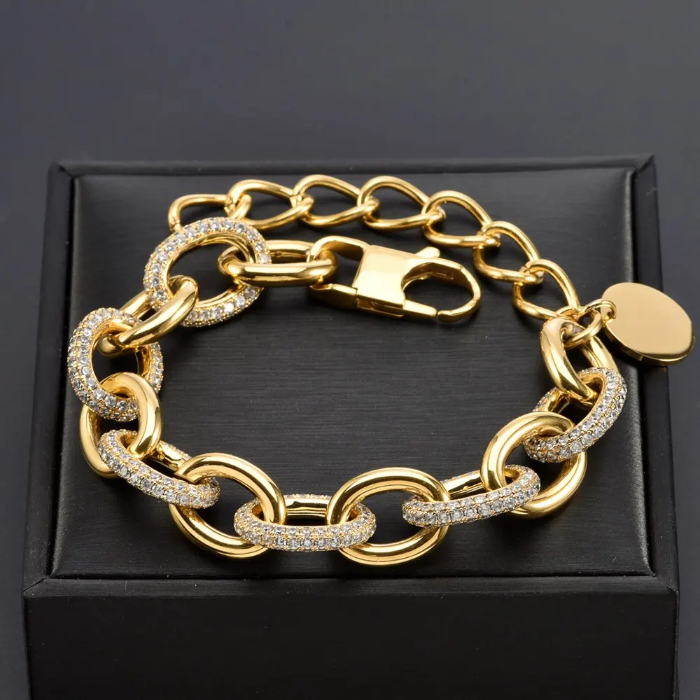 Trang Sức Tùy Chỉnh Đơn Giản Bracelet 18K Mạ Vàng Đánh Bóng Cao Đầy Đủ Zircon Oval Chain Liên Kết Thép Không Gỉ Phụ Nữ Charm Bracelet