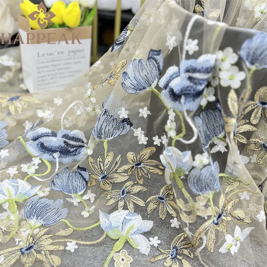 HAPPEAK, venta al por mayor, tela de flores bordadas de poliéster, tela de encaje de tul francés suave para vestido de noche de boda