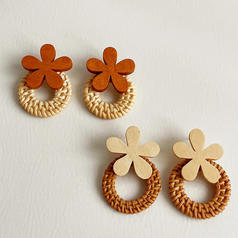 Boucles d'oreilles tissées à la main Boucles d'oreilles en rotin cercle de fleurs en bois pour femmes Wsyear 232
