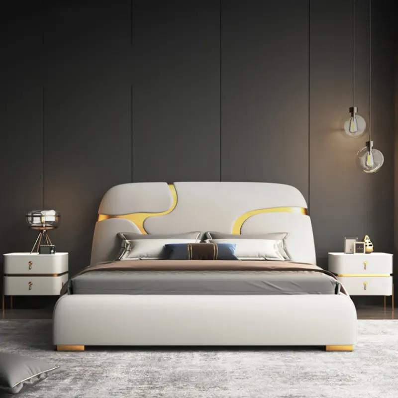 Luxus-Schlafzimmermöbel italienischer Stil Bett Beige Leder Metall Crackle Design maßgeschneidertes modernes Luxus-Etikett Eingangsschlaf